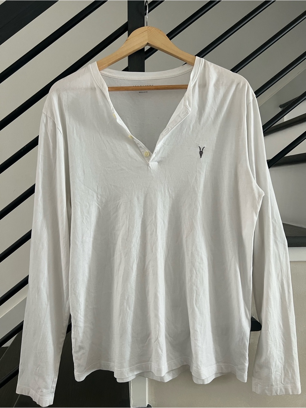 All Saints White Long-Sleeve Henley with Embroidered Logo